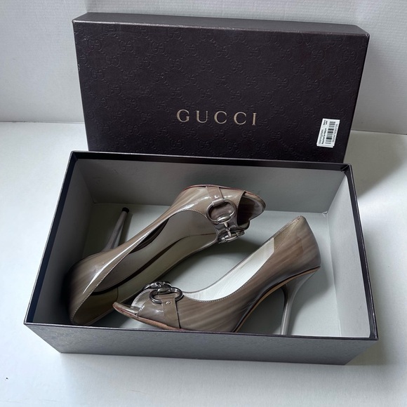 GUCCI Gray Patent Leather HighHeels Size 7 Authentic Luxury Designer Shoes Heels - Picture 7 of 11